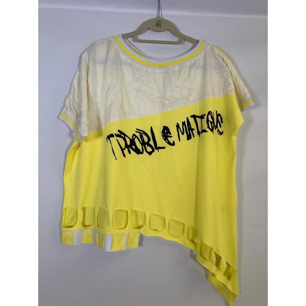 Vintage Women’s Punk Queen Top Yellow White Punk Rock Distressed Cutouts Sz Sm